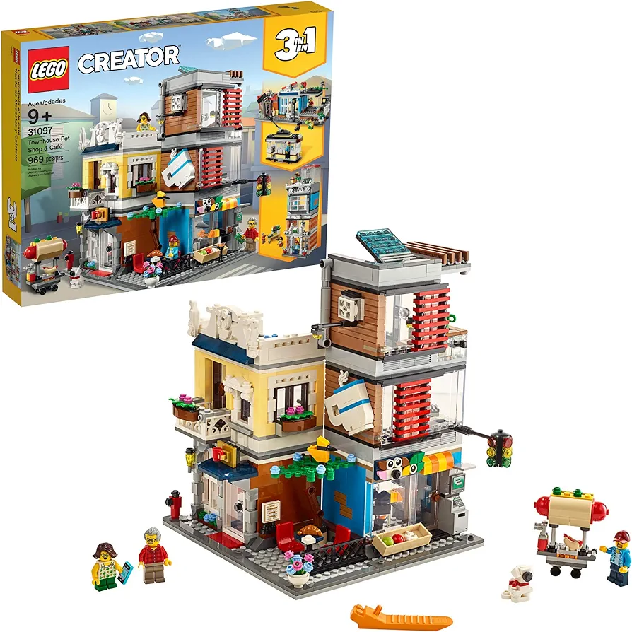 LEGO Creator 3 in 1 Townhouse Pet Shop & Café 31097 Toy Store Building Set with Bank, Town Playset with a Toy Tram, Animal Figures and Minifigures (969 Pieces)