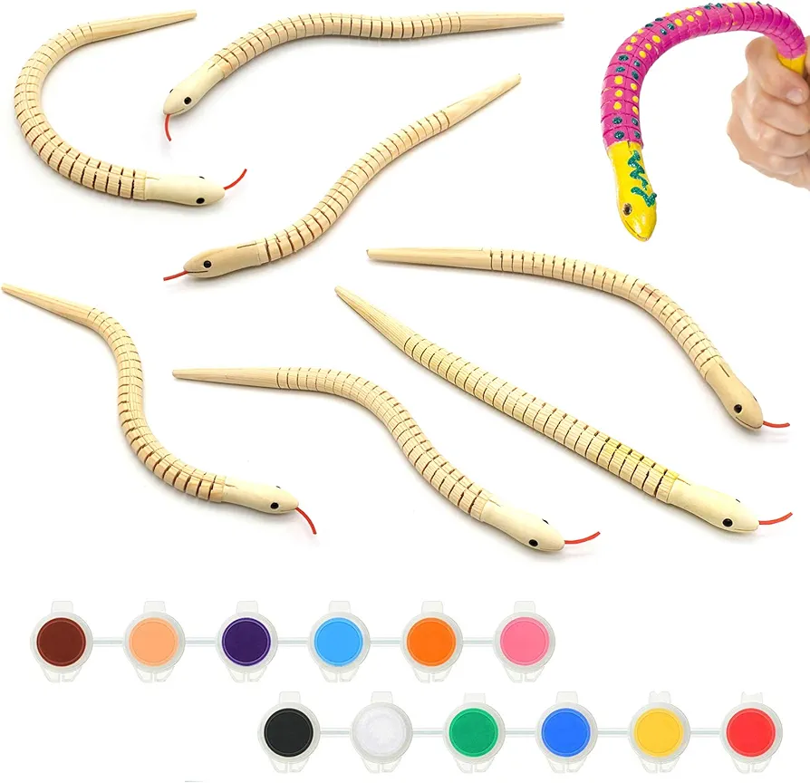 Unfinished Wooden Wiggly Snakes 8 Pcs with 12 Colors Acrylic Craft Paint and 2 Paint Brush - 12” Flexible Natural Timber Snake for Arts and Crafts Themed Birthday Party Supplies, Halloween Prop Toys