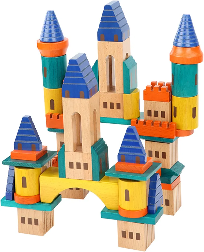 Wooden Castle Building Blocks Set, Big Solid Beech Wood Toddlers Stacking Block Toy, Kids Construction Playset for Boys Girls 69 Pieces Set