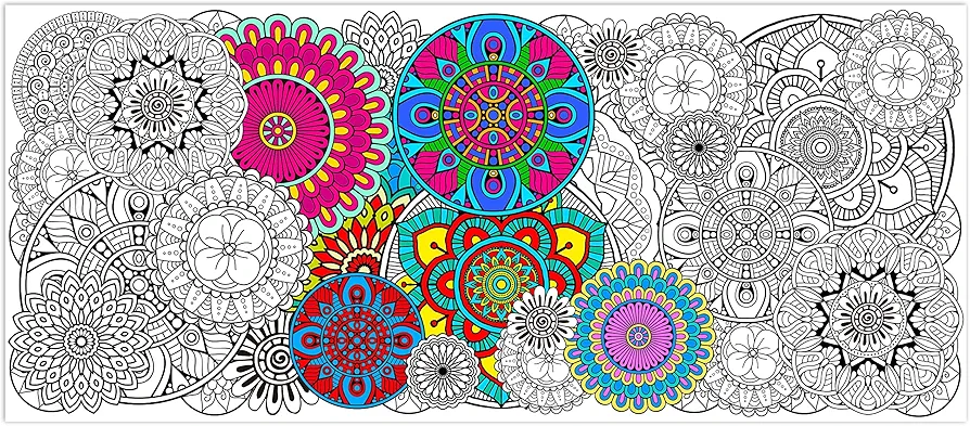 Dvbonike Jumbo Mandala Coloring Poster Giant Flower Color-in Paper Poster DIY Drawing Blank Doodle Art Banner Circular Floral 55.1x23.6 inch Wall Decor, Home School Activity Party Supplies for Kids