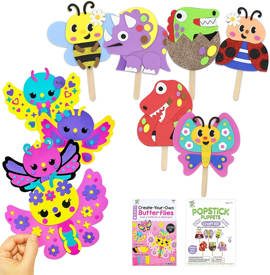 VKPI Foam Craft Bundle Popstick Puppets Craft, Creative Make Your Own Butterflies, Bees, Dinosaurs, EVA Foam Art Crafts Gift Paper Craft Projects