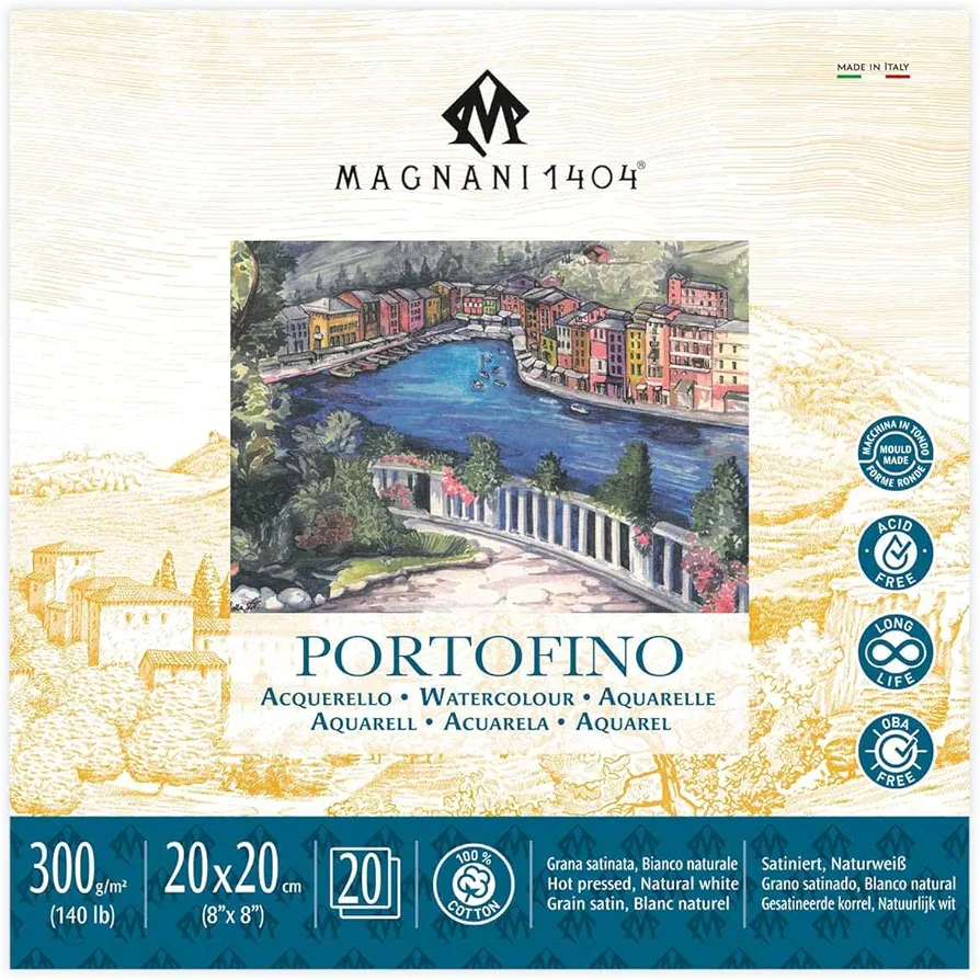 Magnani 1404 Portofino Hot Press 100% Cotton Watercolor Paper Pad, 20 Sheets, 8x8", 140 lb, Acid-Free, UV Resistant, Deckled Edges, Vegan Sized Water Color Paper for Artists, Made in Italy