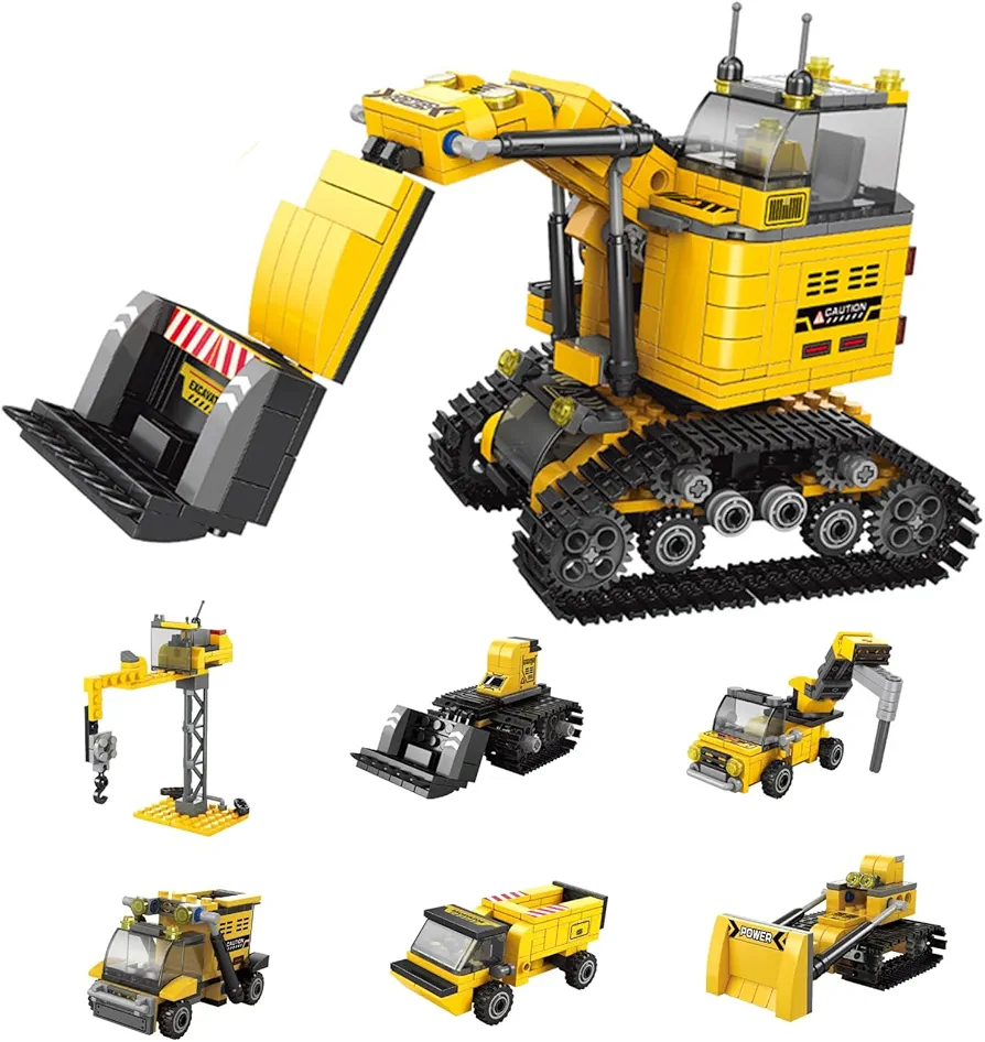 6 in 1 Construction Vehicle Building Block Toy Set Include Bulldozer,Tracked Excavator,Crane,Digger,Dump Truck Toy,for Boys & Girls