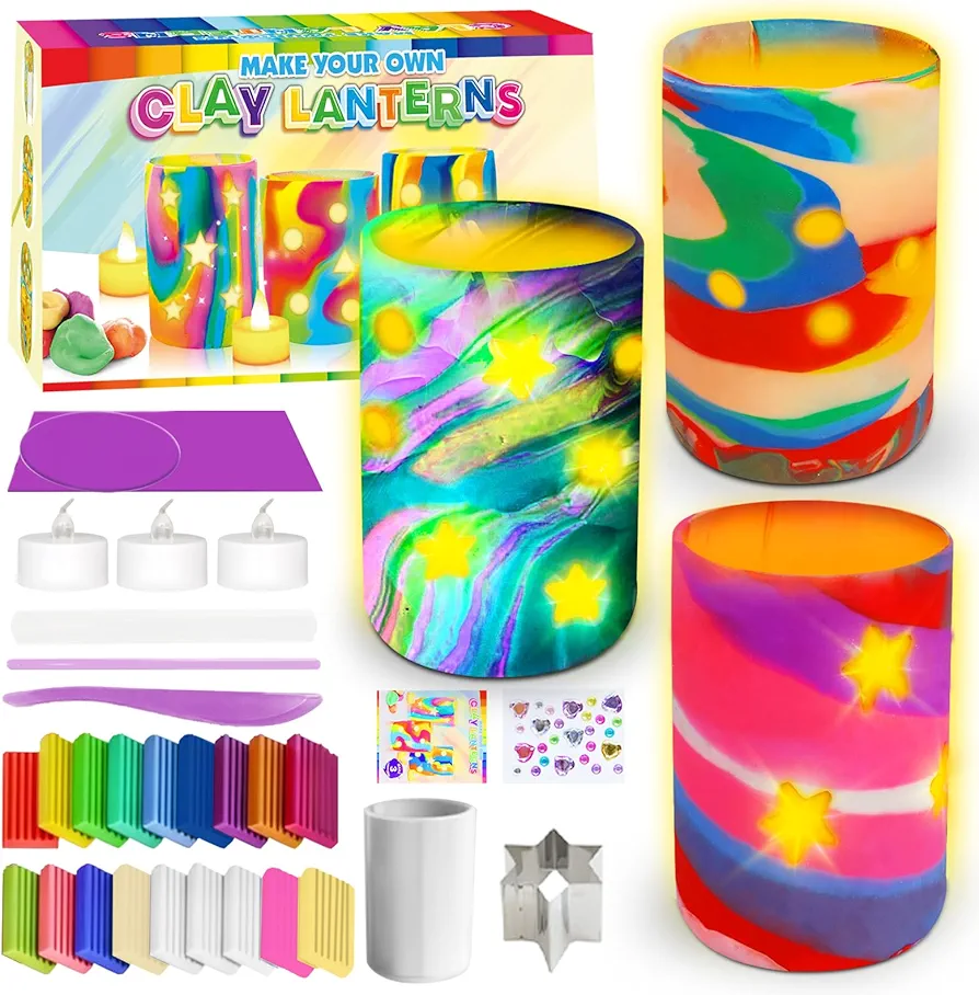 Make Your Own Clay Luminaries - Light-up DIY Clay Lanterns Making Kit Activity for Boys Girls and Teens Age 6 7 8 9 10 11 12 Year Old and up, Arts and Crafts Clay Lantern Toys for Kids Ages 8-12