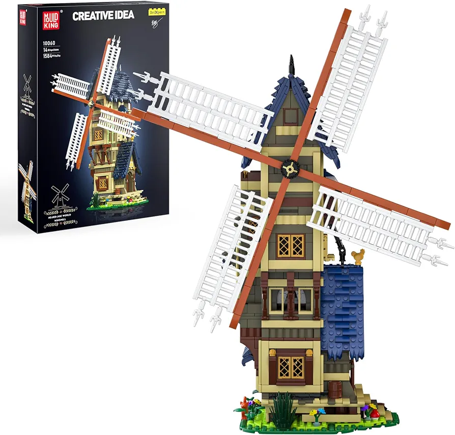 Mould King Architecture Medieval Dutch Windmill Houses Building Toys, 10060 Medieva Town Wood Windmill Model Building Sets, Building Blocks Kit STEM Toys Houses Sets for Adults and Kids 14+(1584PCS)