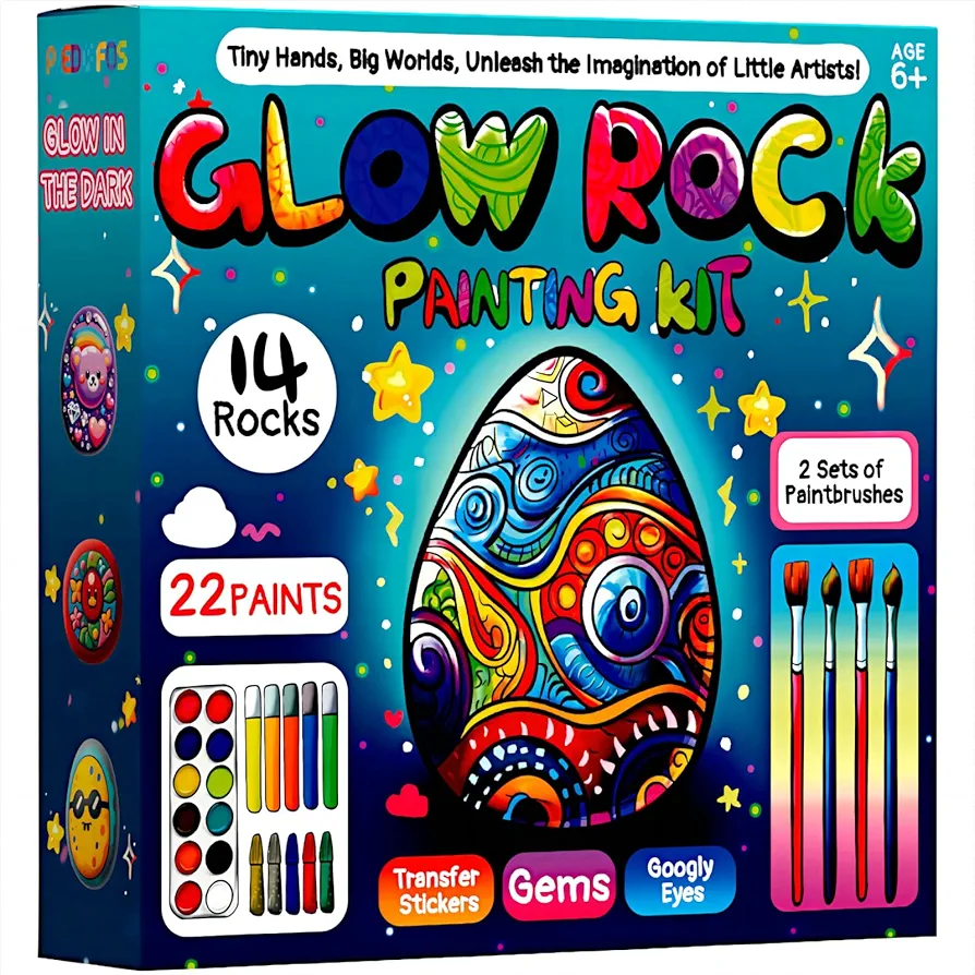 PiediaFos Rock Painting Kit for Kids, Glow in The Dark Rock Painting Craft Kit, Arts and Crafts Gifts for Ages 6-12, DIY Creative Art Toys Kids Painting Rocks for 6, 7, 8, 9, 10, 11, 12 Year Old Kids