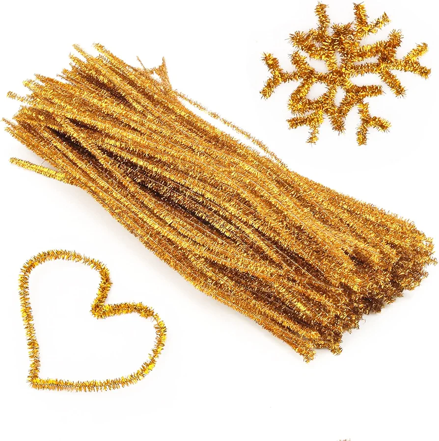 WIWAPLEX 200pcs 12" X 6mm Glitter Tinsel Creative Arts Chenille Stems Sparkle Pipe Cleaners for DIY Craft Projects (Gold)