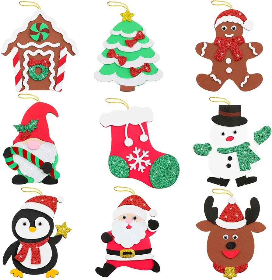 27 Pack Christmas Crafts Glitter Foam Bulk Arts and Crafts Kit Xmas Tree Elk Santa Clause Snowman Gingerbread Man Penguin Socks Christmas DIY Ornament Kits for Party Favor Supplies Decoration