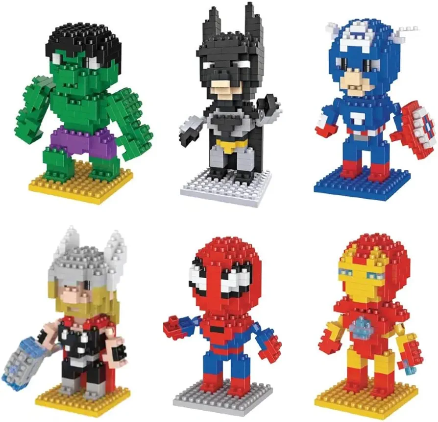 Superhero Toy Building Blocks Sets for Kids and Adults, Includes 6 Mini, 3" Figures with Instructions, Gift for Birthdays, Party Favors, Goodie Bags, Prizes, Fillers.