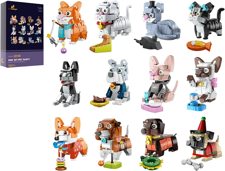 JMBricklayer Animals Building Set for Kids, 12 Mini Dog&Cat Party Favor Building Blocks, Party Favors Small Toys for Birthday Party, Goodie Bags, Classroom Prizes, Gifts for Boy Girl Aged 6,7,8,9,10+