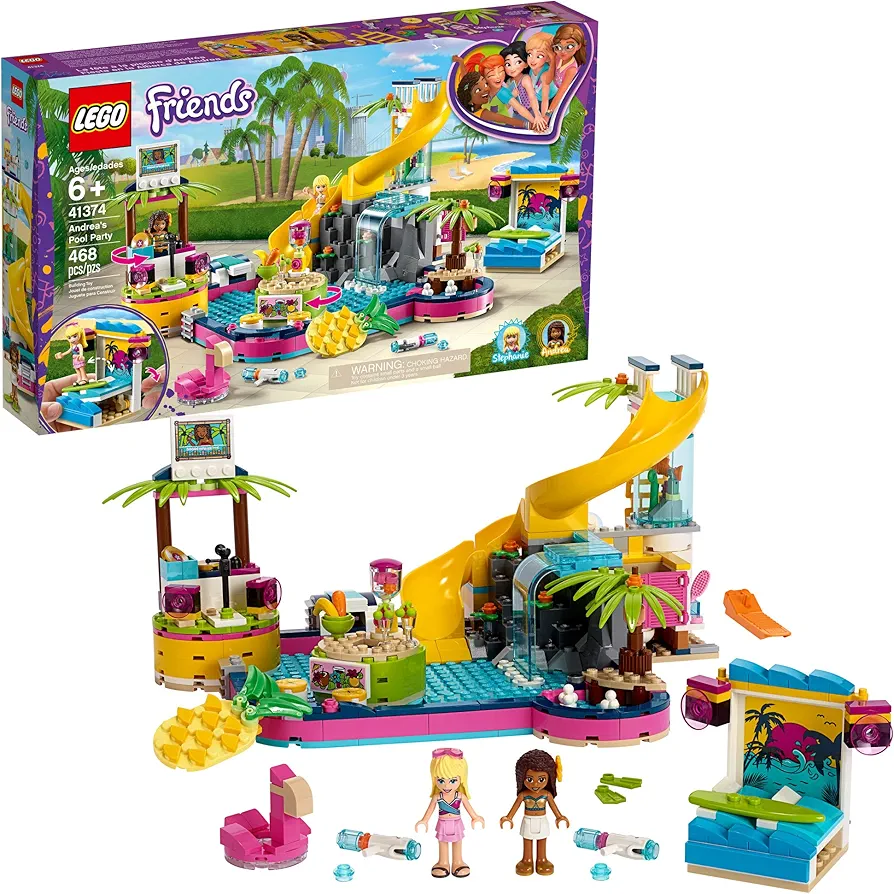 LEGO Friends Andrea's Pool Party 41374 Toy Pool Building Set with Andrea and Stephanie Mini Dolls for Pretend Play, includes Toy Juice Bar and Wave Machine (468 Pieces)