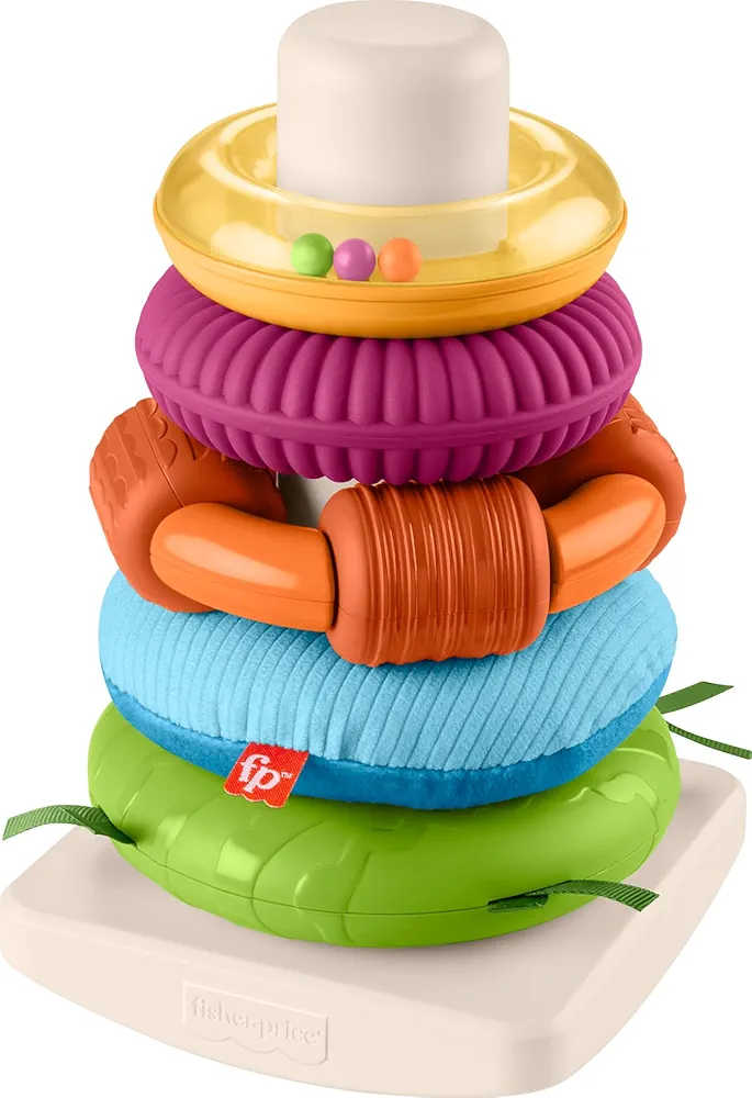 Fisher-Price Stacking Toy Sensory Rock-A-Stack Rings with Fine Motor Activities on Roly-Poly Base for Infants Ages 6+ Months