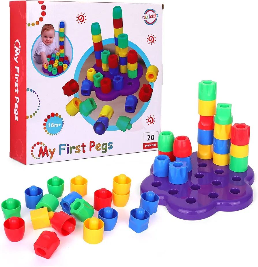 My First Pegs Playset, Large Colored and Fun Shape Stacker Plastic Pegs, Baby and Toddler Peg Board Toys, Play and Learn STEM Toy, Fine Motor Skills, Ages 18m+