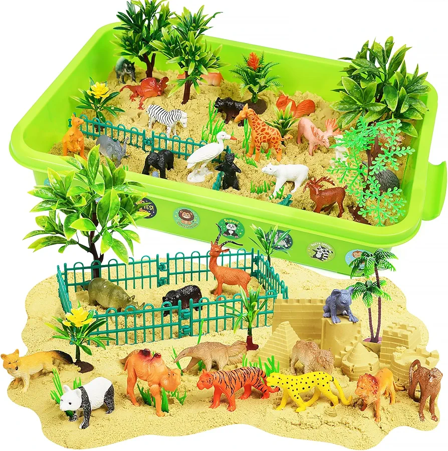 Kids Play Sensory Bin Kit Sand Box Toys Toddler Safari Animals Figures, Magnetic Slimy Sand Castle Molds Forest Animals Toy for Boys Girl Birthday Gift Ideas 4-12 Year Old