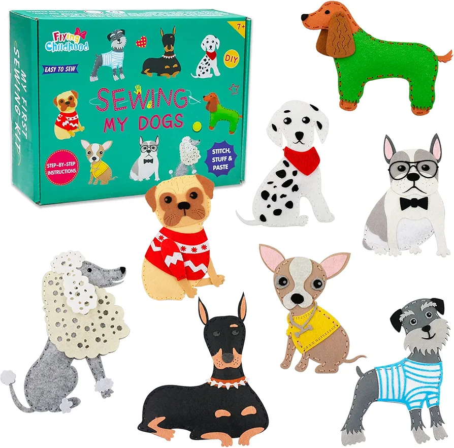 Flying Childhood Dog Crafts for Girls Boys Sewing Ages 7-12, Felt Puppy DIY kits Art Supplies for Kids Beginners, Stuffed Animals Gifts for Pet Lovers