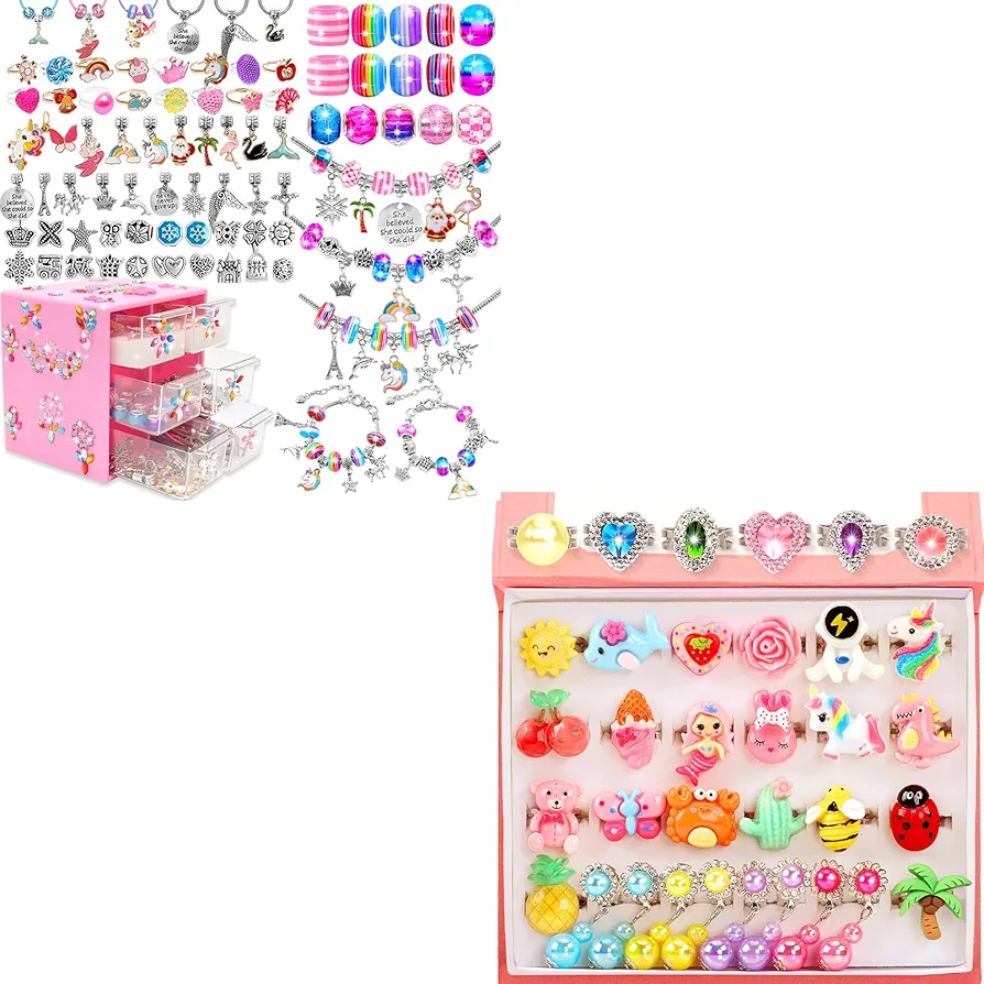 Charm Bracelet Making Kit, Toys for Girls Art Supplies Beads for Bracelets, 30-in-1 Little Girls Jewelry Rings