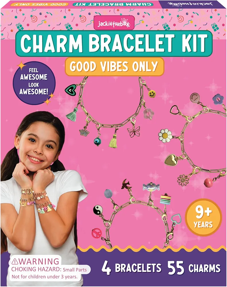 jackinthebox Girls Charm Bracelet Making Kit - Includes 4 Bracelets & 55 Charms, Jewelry Making Crafts for Girl Teens, Perfect Gifts for Girls Ages 8 9 10 11 12