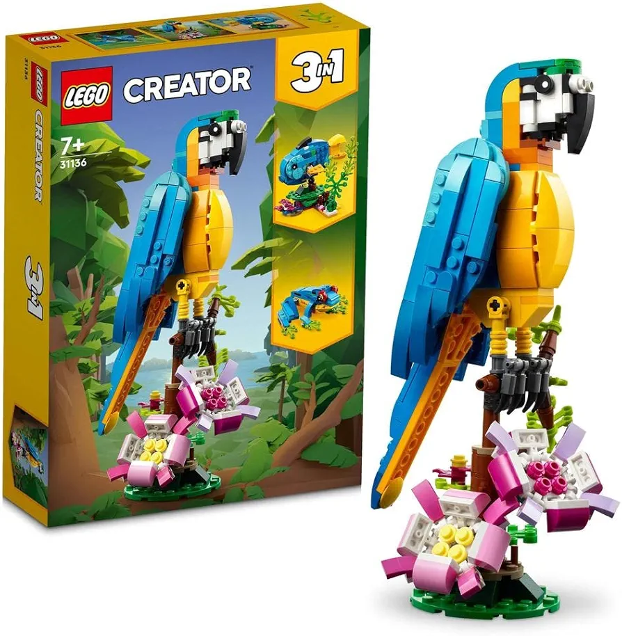 LEGO 31136 Creator 3-in-1 The Exotic Parrot, Construction Toy, Jungle Animal Figurines, Frog and Fish, Creative Game for Children from 7 Years Old