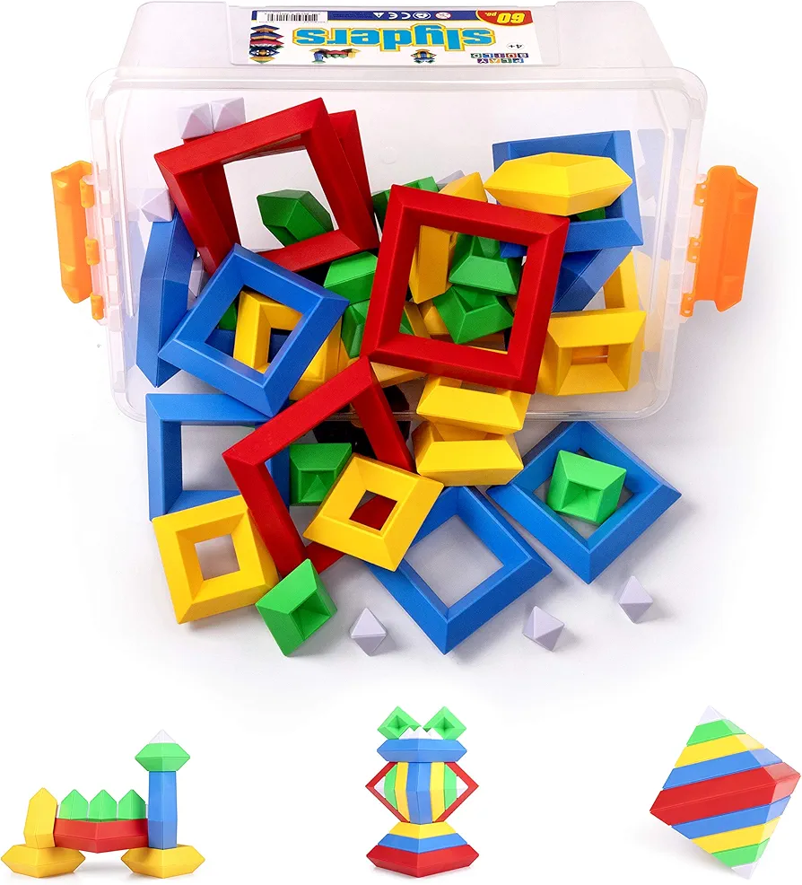 Slyder Set: 60 Pieces 3D Pyramid Building Blocks, Geometric Stacking Toys for Kids Ages 4+ - Creative Early Childhood STEM Educational Toys for Preschool Boys and Girls