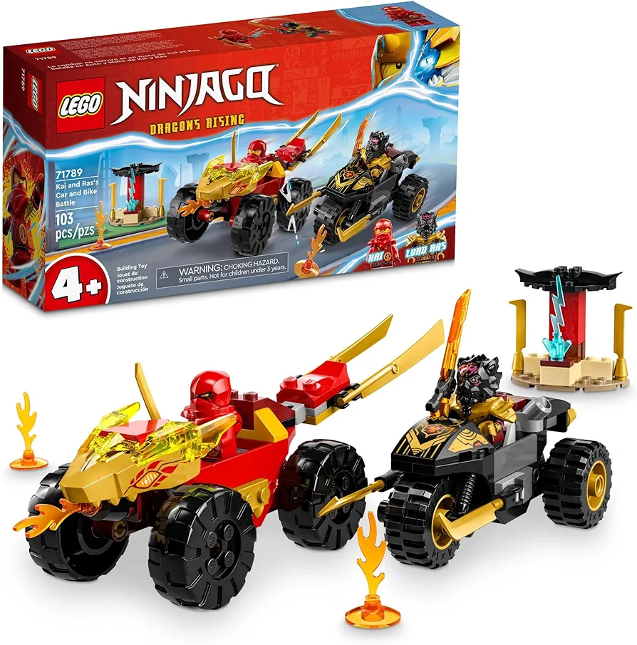 LEGO NINJAGO Kai and Ras’ Car and Bike Battle 71789 Beginner Building Toy Set, Features a Ninja Car Toy and Bike Plus 2 Minifigures, Birthday Gift for Toddlers and Kids Who are Little Ninja Fans