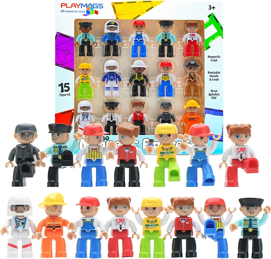 Playmags Large Magnetic Figures Community Set of 15 Pieces – 3” Play People Perfect for Magnetic Toys Building Blocks - STEM Learning Toys for Kids – Magnet Tiles Expansion Accessories Pack