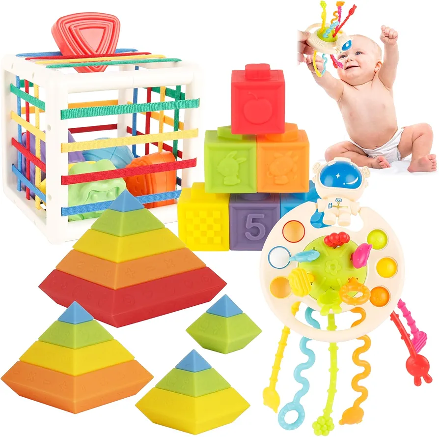 Ganowo Baby Toys 6 to12-18 Months, Montessori toys for 1 year old, Silicones Prymaid Stacking Building Blocks,Pull String Toys,Baby Blocks,Shape Sensory Toys Infant Developments Toys