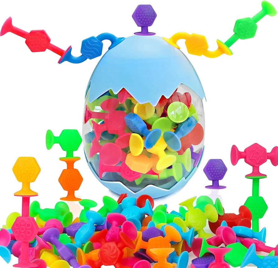 48 Pcs Bath Toys for Kids Ages 3+, Suction Cup Toys for Autistic Children, Travel Toys Window Toys Stem Learning Toys, Bathtub Toys with Dinosaur Eggshell Storage