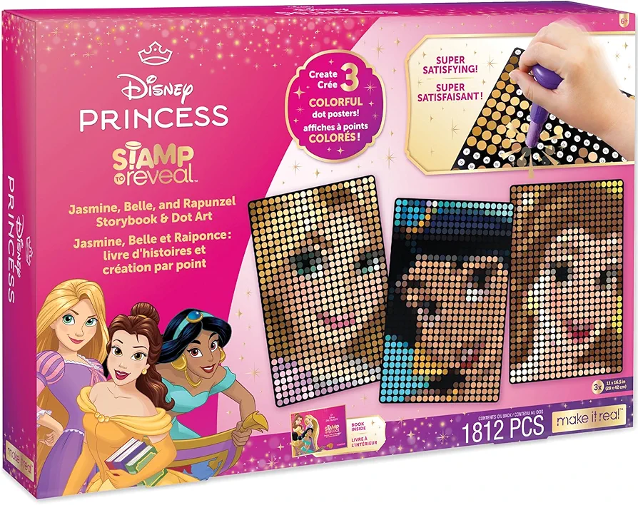 Make It Real: Disney Stamp to Reveal - Jasmine, Belle, Rapunzel Storybook & Dot Art - 1812pcs, DIY 3 Princess Dot Posters, Craft, Girls & Kids Ages 6+