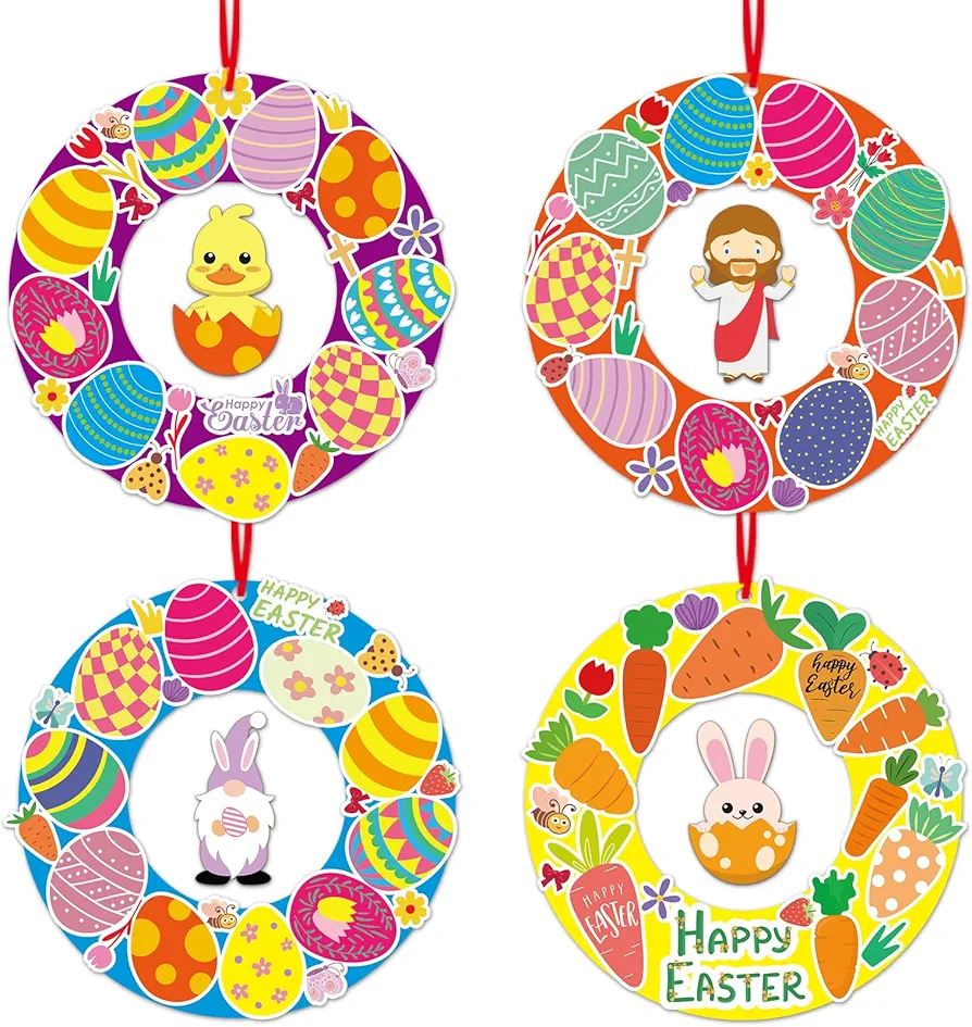 Qyeahkj 30 Sets Easter craft kit for Toddlers Happy Easter Wreath Signs Decorations Paper Art Craft with Easter Rabbit Colorful Eggs Stickers DIY Art Project Gift for Kids Home Classroom Activity