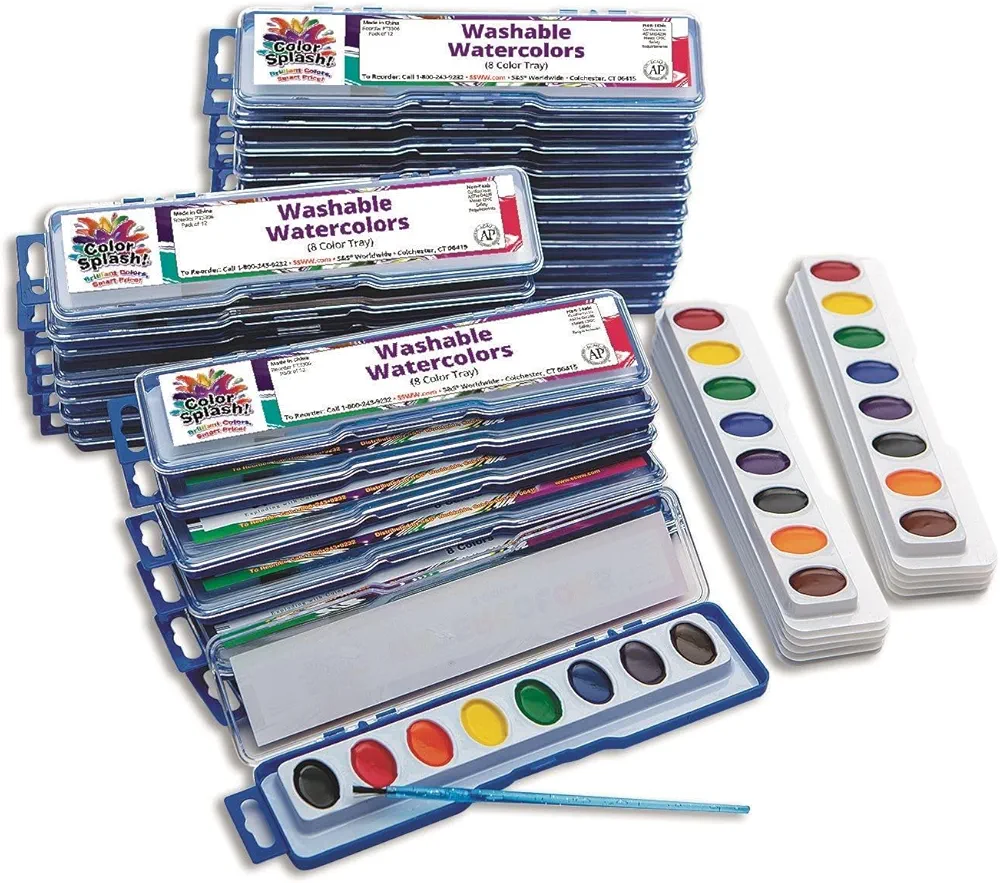 S&S Worldwide Color Splash! Watercolor Mega Pack, 8-Color Trays, Includes 24 Paint Trays w/ Brushes plus 12 Refills. Great For All Watercolor Painting, Perfect For Groups of Kids or Adults Pack of 36