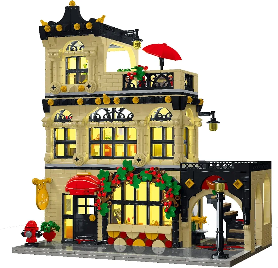 City Restaurant Architecture Building Kit with LED Lights, 3 Levels Restaurant Building Blocks 1489 Pcs City Street View Building Toys Modular House Building Blocks Set for Adult Teen Kids 14+