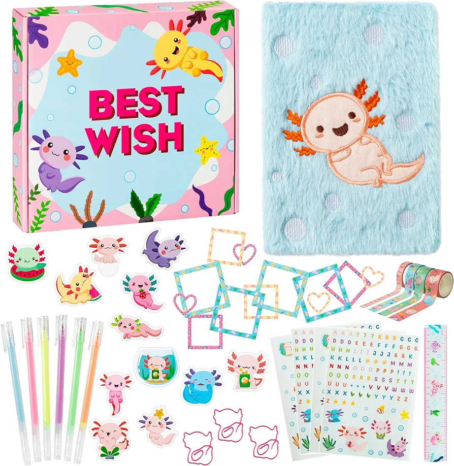 CY2SIDE 44PCS Axolotl DIY Journal Kit Set for Kids Axolotl Plush Scrapbook Diary Journaling Stationery Set for Writing Make Your Own Scrapbook with Crafts Idea Birthday Gifts for Teen Girls DIY Gifts