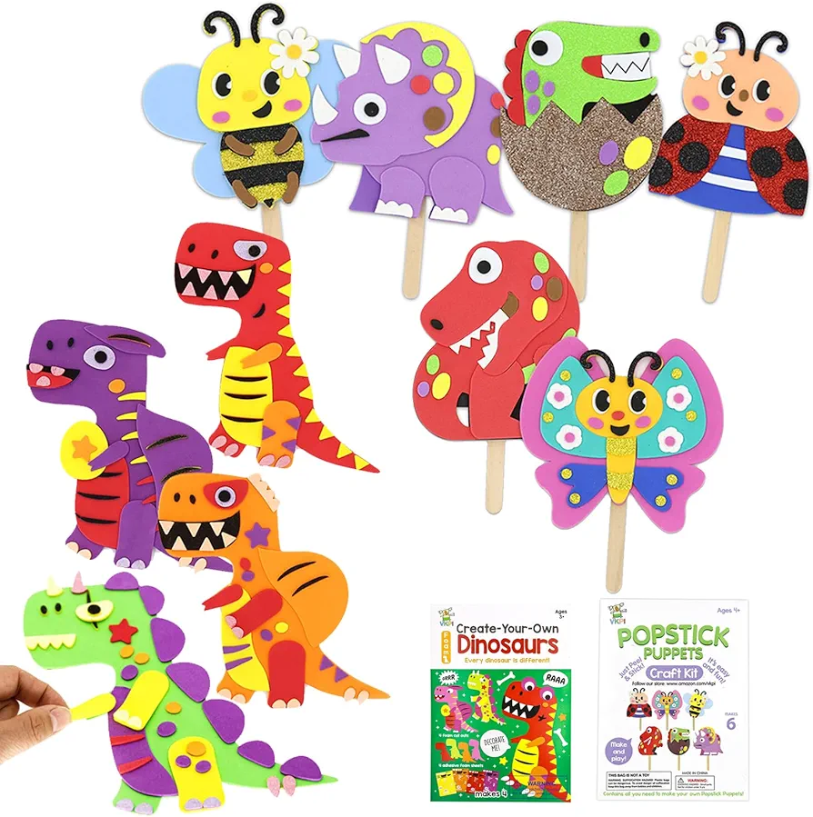 VKPI Foam Craft Bundle Popstick Puppets Craft, Creative Make Your Own Dinosaurs, Bees, Dinosaurs, EVA Foam Art Crafts Gift Paper Craft Projects