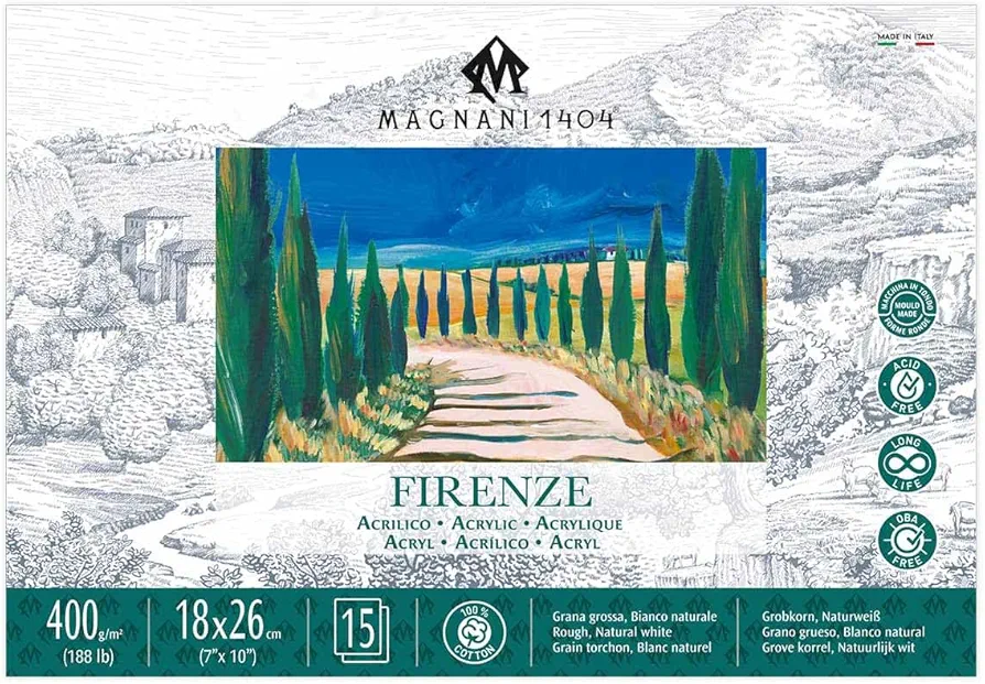 Magnani 1404 Firenze 100% Cotton Acrylic Paint Paper Pad, 7x10" 188 lb. 15 Heavyweight Sheets, Rough Texture, Vegan Sizing, Natural White Acrylic Paper Pad for Acrylic, Gouache, Ink & Watercolor