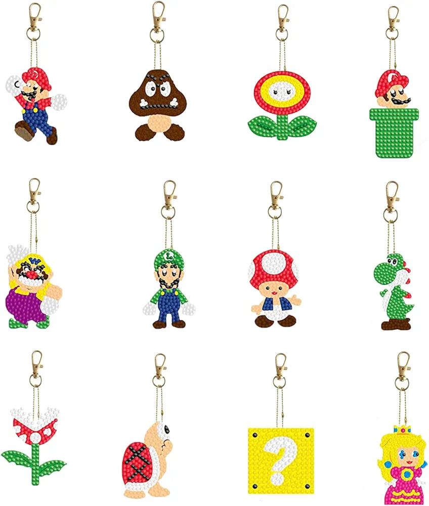 Super Bros 5D Diamond Art Craft Painting Keychains Kits 12Pcs Anime Video Game DIY Double Sided Full Drill Mosaic Diamond Key Rings Art Ornaments for Kids Adults Home Craft Decoration