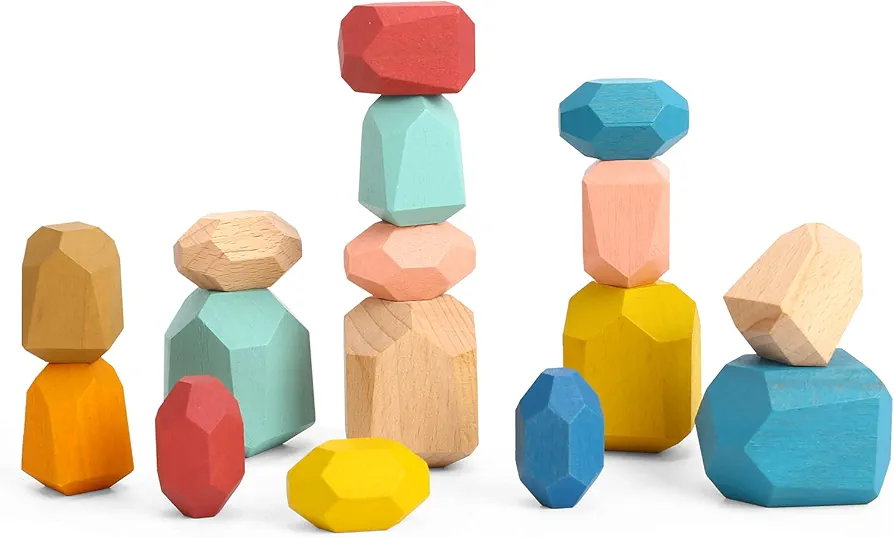 TOOKYLAND 16 Pcs Wooden Soring Stacking Balancing Stone Rocks,Wooden Stacking Blocks Set,Colorful Educational Montessori Puzzle Toys Set for Toddlers Kids 3+……