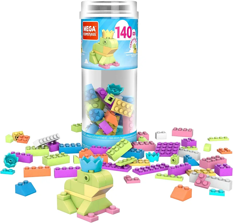 MEGA Construx Kids Blocks Toy Set, Open-Ended Building Bricks Tube with 140 Pieces in Pastel Colors, Ages 4+ Years