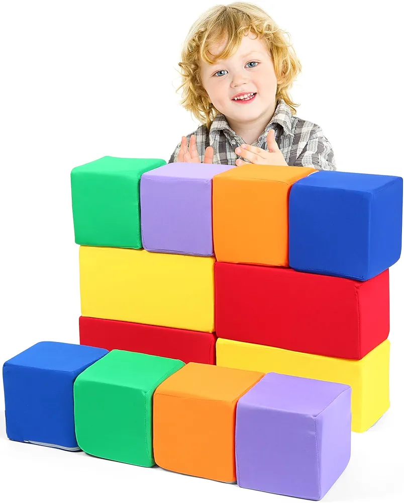 Toddler Foam Buliding Blocks - 12 Piece in 2 Shapes Fabric Covered Stacking Block Sets -Soft Play Set for Kids Idea for Building and Throwing Fun