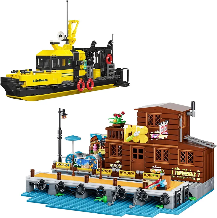 Mould King Boats and Dock, Beach House Ships and Boats Building Sets, City Rescue Construction Toy Building Kits