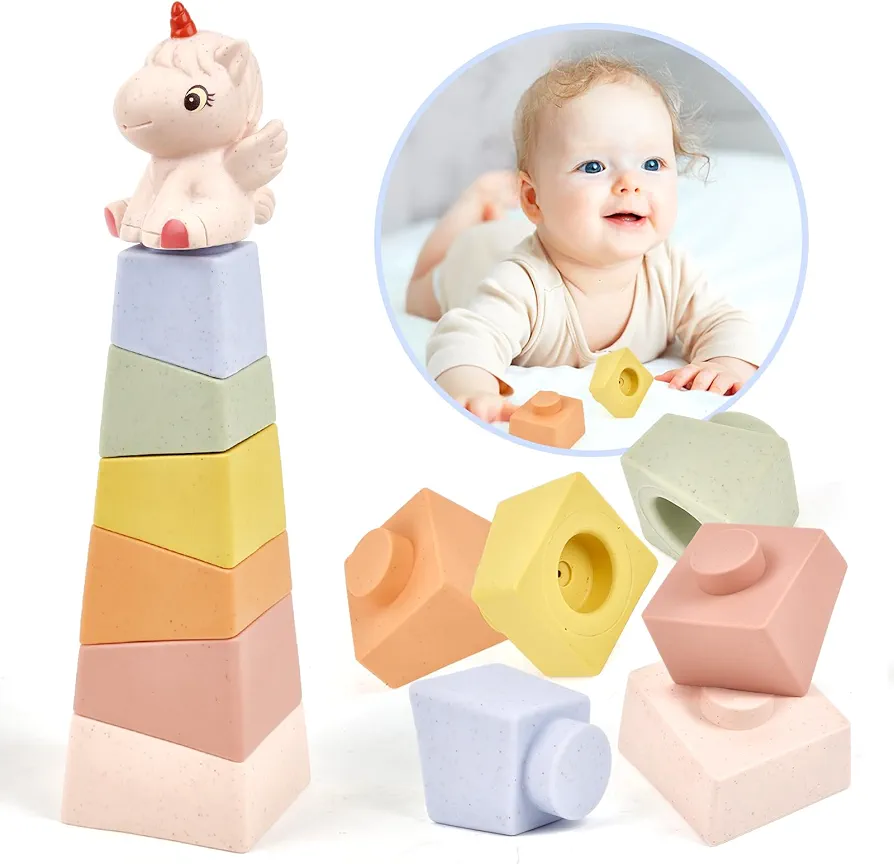 Stacking & Nesting Baby Toys: Squeeze Teething Baby Toys and Building Blocks with Horse Figure - Newborn Essentials for 6 12 18 Months Baby Toddler Boys 7 Pcs