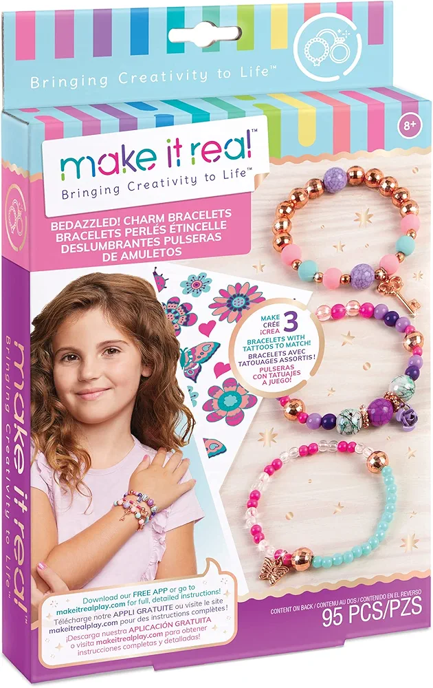 Make It Real: Bedazzled! Charm Bracelets Kit - Blooming Creativity - Create 3 Unique Bracelets, 104 Pieces, includes Play Tray, All-in-One, DIY Jewelry Kit, Tweens & Girls, Arts & Crafts, Ages 8+