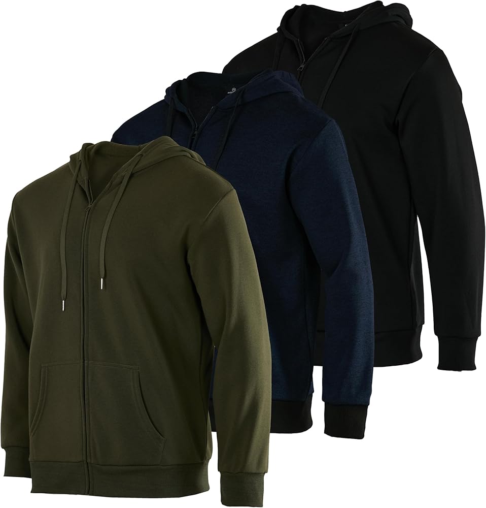 Real Essentials 3 Pack: Mens Fleece Long Sleeve Full Zip Hoodie - Athletic Sweatshirt Jacket (Available in Big & Tall)