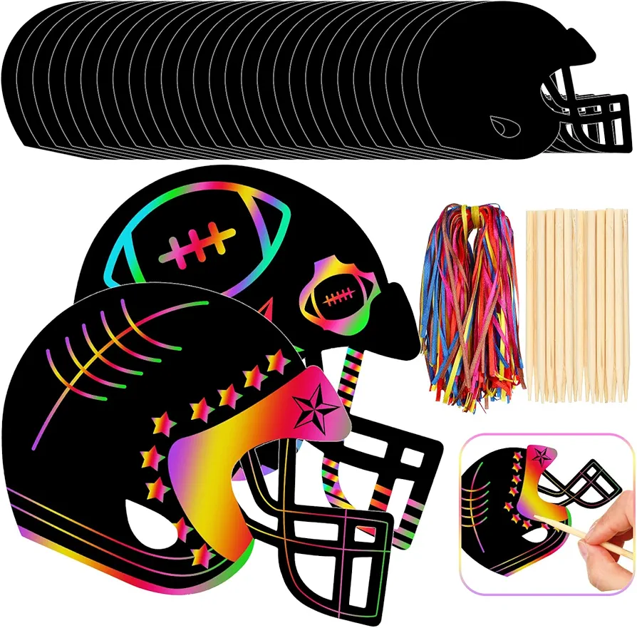 Syhood 64 Pcs Football Scratch Paper Crafts Kit Football Helmet Scratch Cards Ornaments with Wooden Stylus and Ribbons for Kids Audlts Crafts Painting Classroom Party Supplies