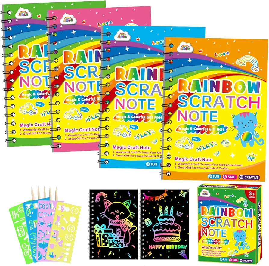 ZMLM Scratch Art Party Favors: 4 Pack Rainbow Scratch Paper Art Set for Kids 3-12 Years Old Art and Craft Notebook Girl Boy Birthday Gift Goodie Bag Stuffers(5