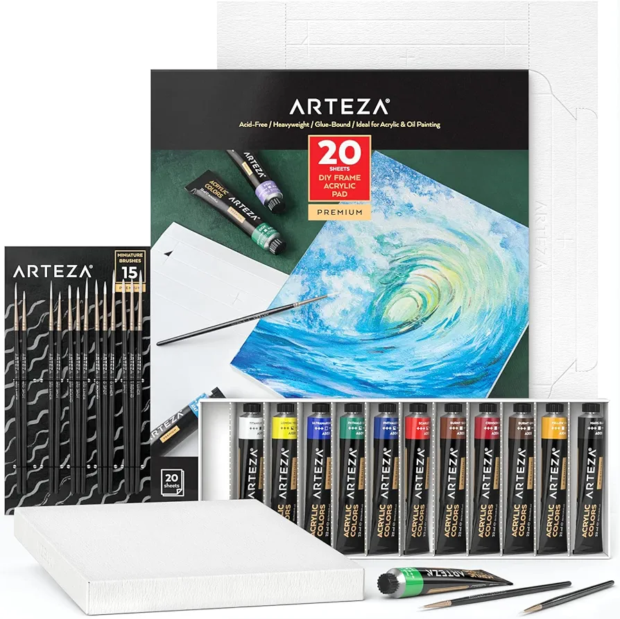 Arteza Acrylic Painting Art Set, 12 Colors Acrylic Paint, 15 Detail Brushes and 7x8.6 Inches Foldable Canvas Paper Pad Bundle, Art Supplies for Artists & Hobby Painters