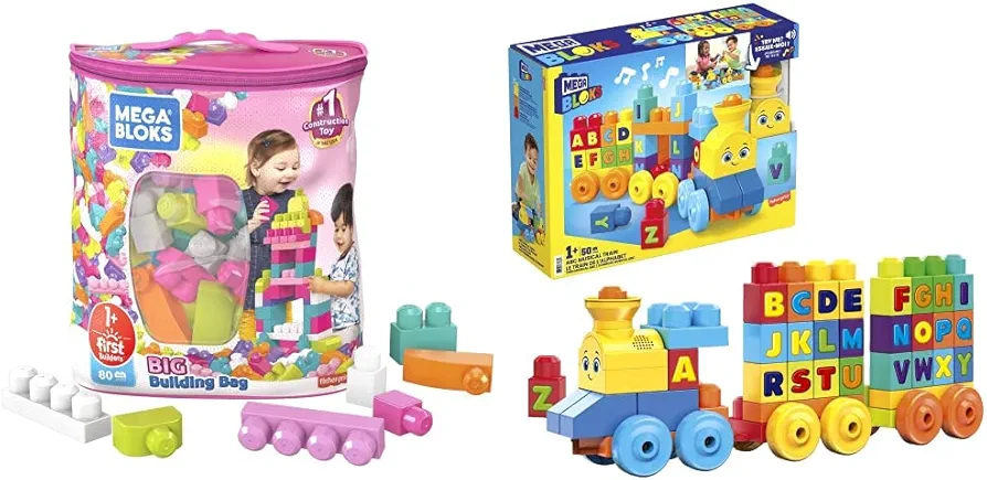 MEGA BLOKS First Builders Big Building Bag + ABC Musical Train, Building Set Bundle, Pink Bag, 130 Pieces