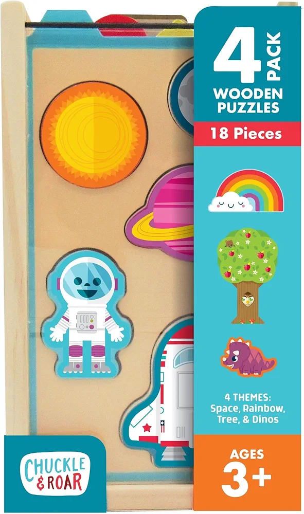 Chuckle & Roar - 4 Pack Wooden Pullout Puzzle - Fun and Educational Wooden Puzzle for Kids - Develops Fine Motor Skills - 18 Total Wooden Pieces