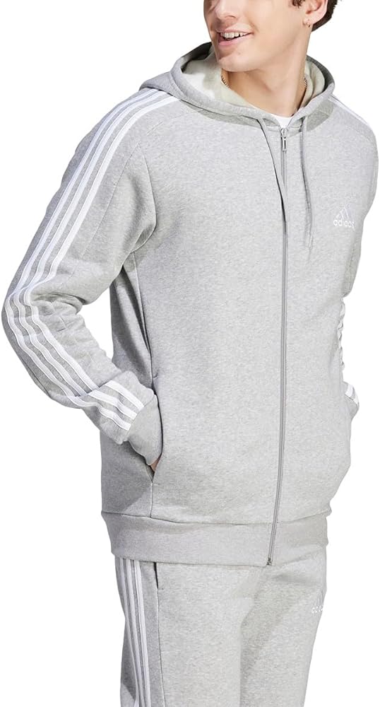 adidas Men's Essentials Fleece 3-Stripes Full-Zip Hoodie, Medium Grey Heather