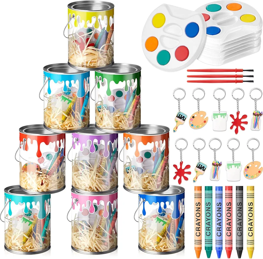 38 Pcs Paint Party Favors Mini Watercolor Paint Set Paint Can Stickers Art Keychain Etc Art Birthday Party Supplies Ideal for Boys and Girls for Paint Themed Party Birthday Party Gift