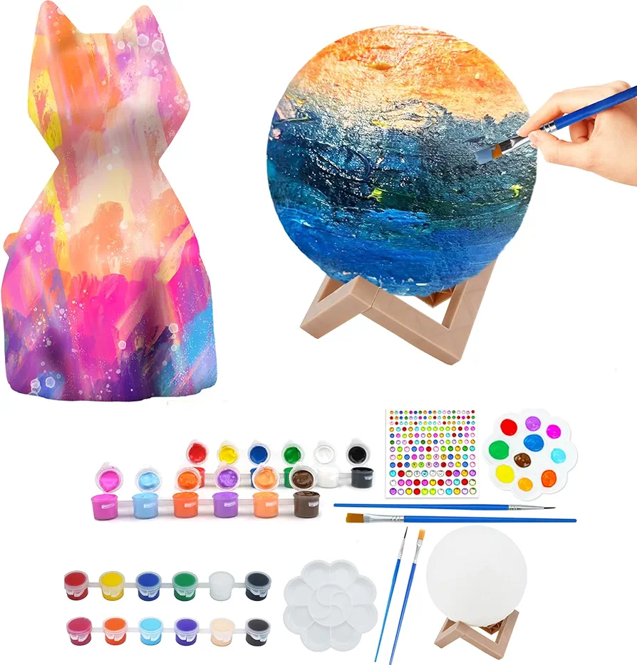 HAPMARS Paint Your Own Cat & Moon Lamp Kit 2pcs, DIY Geometric Cat Art Craft Painting Kits for Girls Boys Kid Age 4 5 6 7 8 9 10 11 12+, Art Supplies Creative Gifts for Birthday, Christmas, Party